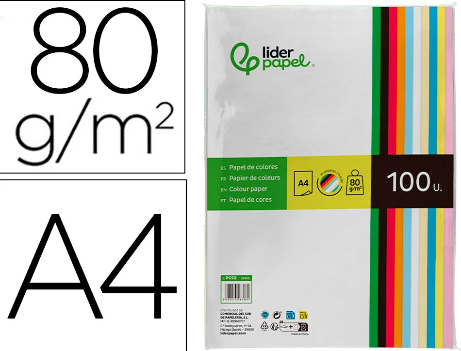 Papier couleur liderpapel multifonction a4 80g/m2 10 coloris assortis paquet 100 feuilles