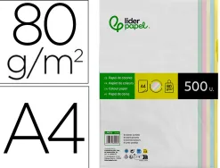 Papier couleur liderpapel multifonction a4 80g/m2 5 coloris assortis jaune bleu crème rose vert 500 feuilles