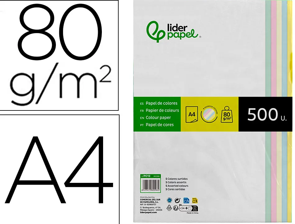 Papier couleur liderpapel multifonction a4 80g/m2 5 coloris assortis jaune bleu crème rose vert 500 feuilles
