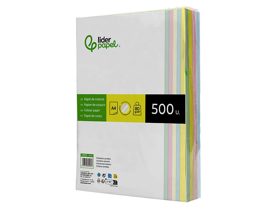 Papier couleur liderpapel multifonction a4 80g/m2 5 coloris assortis jaune bleu crème rose vert 500 feuilles