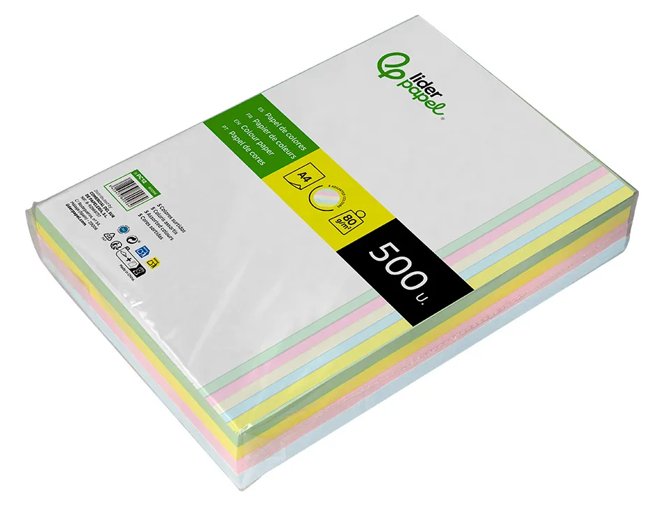 Papier couleur liderpapel multifonction a4 80g/m2 5 coloris assortis jaune bleu crème rose vert 500 feuilles