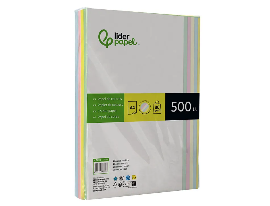 Papier couleur liderpapel multifonction a4 80g/m2 5 coloris assortis jaune bleu crème rose vert 500 feuilles