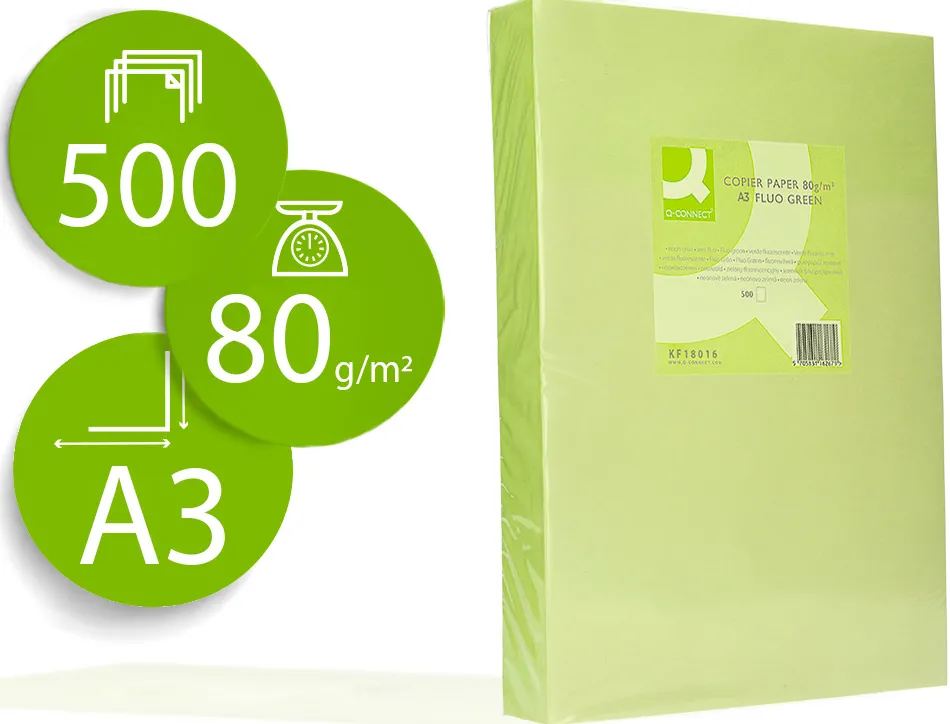 Papier couleur q-connect multifonction a3 80g/m2 unicolore vert néon ramette 500 feuilles