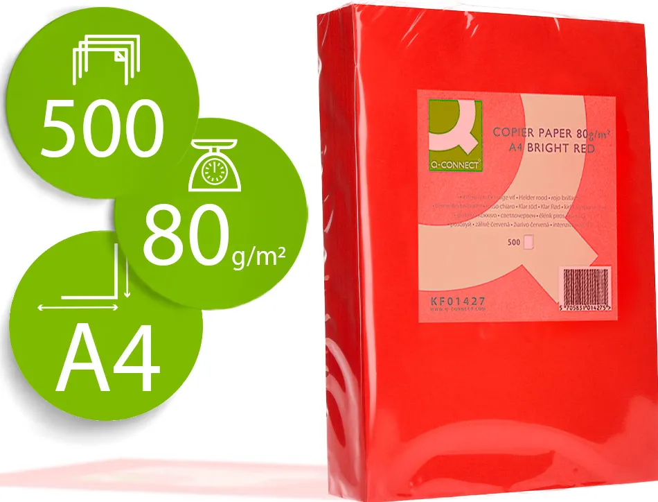 Papier couleur q-connect multifonction a4 80g/m2 unicolore rouge intense ramette 500 feuilles