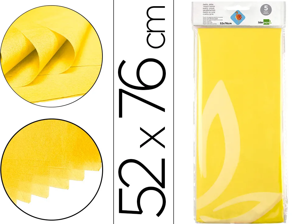 Papier de soie liderpapel 52x76cm 18g/m2 unicolore jaune sachet 5f