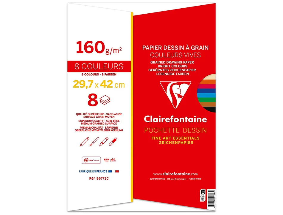 Papier dessin grain clairefontaine a3 assortiment vif 160gr 8f