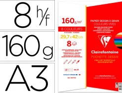 Papier dessin grain clairefontaine a3 assortiment vif 160gr 8f