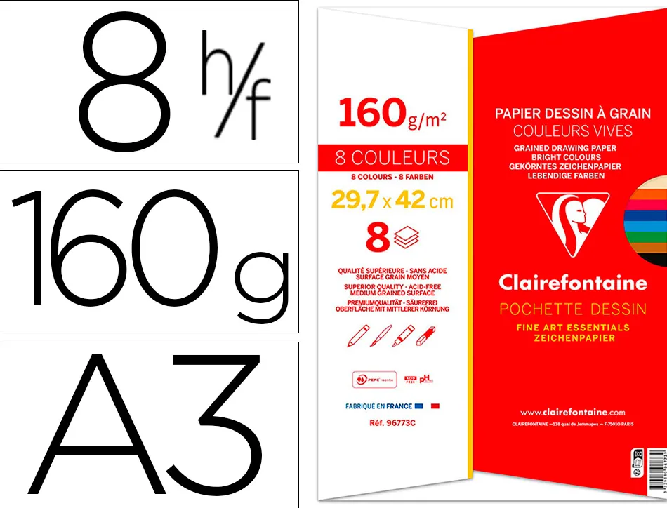 Papier dessin grain clairefontaine a3 assortiment vif 160gr 8f