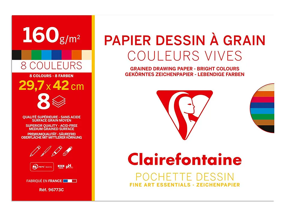 Papier dessin grain clairefontaine a3 assortiment vif 160gr 8f