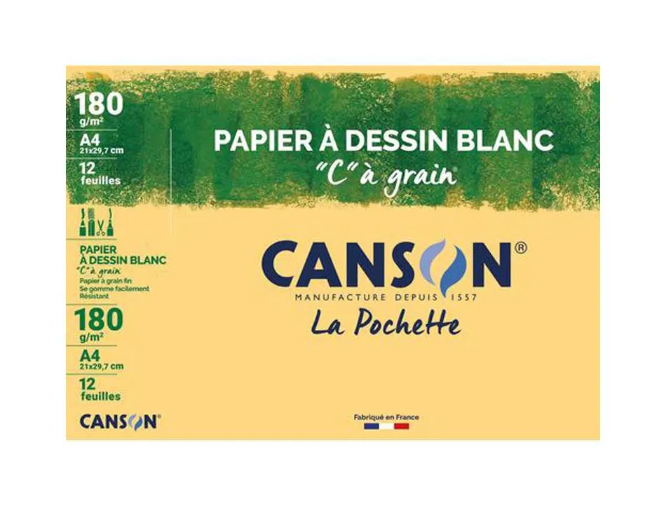 Papier dessin canson c à grain crayon encre gouache feutre 180g a4 pochette 12f