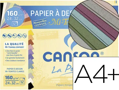 Papier dessin canson mi-teintes claires 160g a4+ coloris assortis pochette 12f