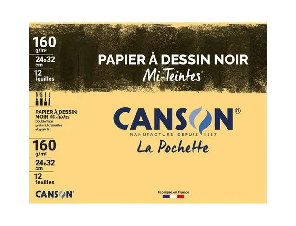 Papier dessin canson mi-teintes 160g a4+ unicolore noir pochette 12f