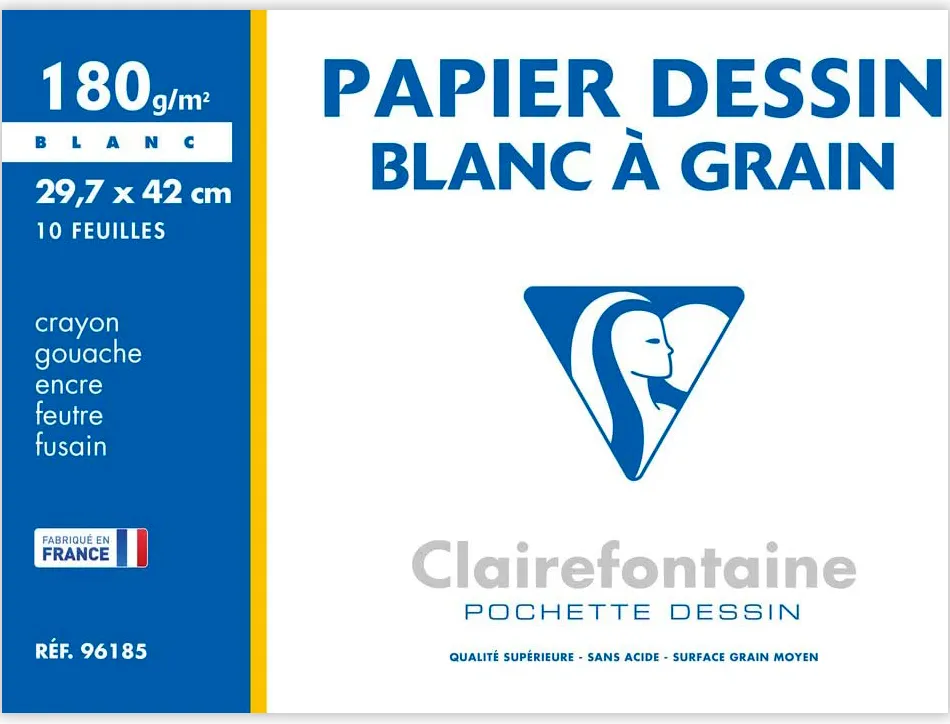 Papier dessin clairefontaine grain léger prononcé sans acide blancheur naturelle 180g a3 pochette 10f