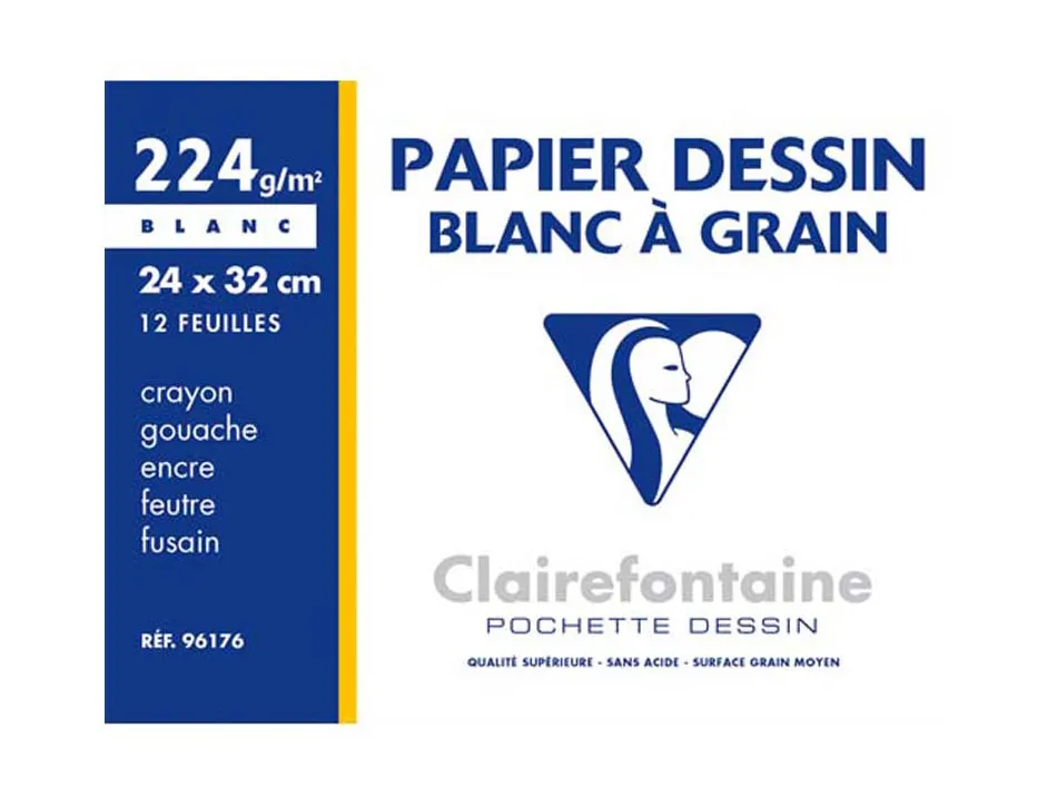 Papier dessin clairefontaine grain léger prononcé sans acide blancheur naturelle 224g a4+ pochette 12f