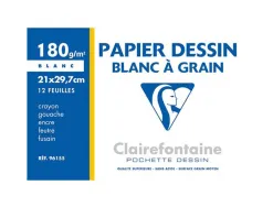 Papier dessin clairefontaine grain léger prononcé sans acide blancheur naturelle 180g a4 pochette 12f