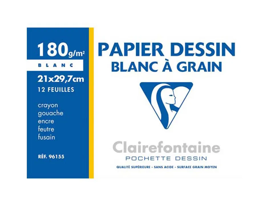 Papier dessin clairefontaine grain léger prononcé sans acide blancheur naturelle 180g a4 pochette 12f