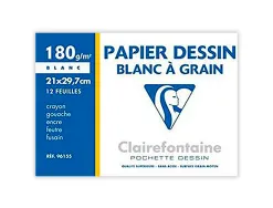Papier dessin clairefontaine grain léger prononcé sans acide blancheur naturelle 180g a4 pochette 12f