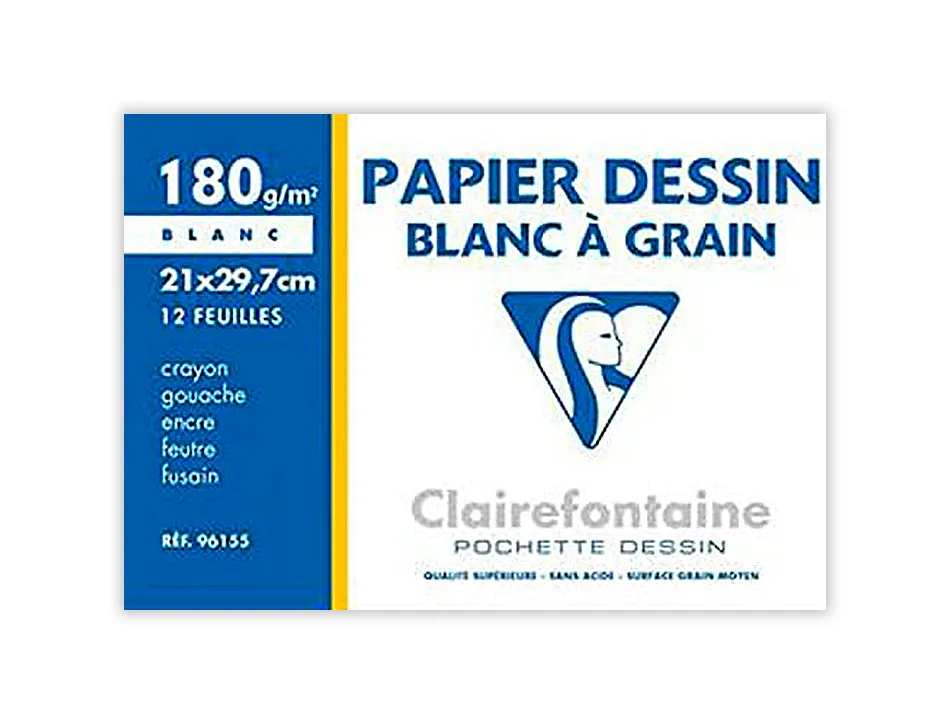 Papier dessin clairefontaine grain léger prononcé sans acide blancheur naturelle 180g a4 pochette 12f