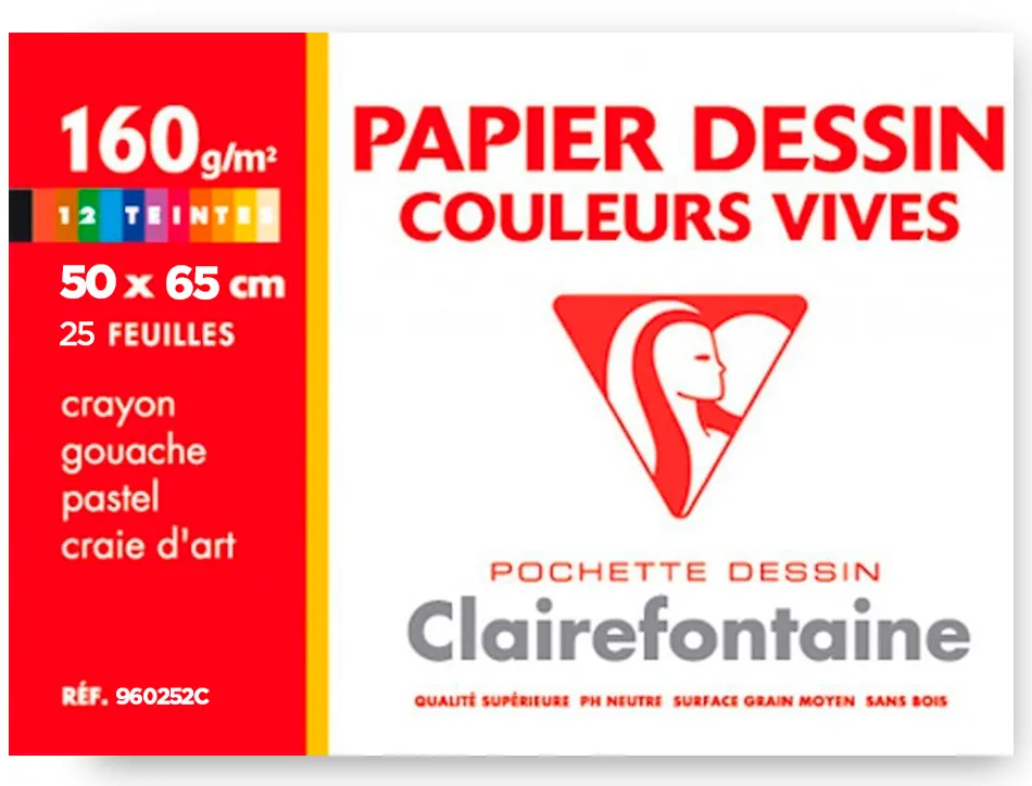Papier dessin clairefontaine a grain 160g 1 surface grainee 1 lisse 50x65cm paquet 24f coloris vifs 24