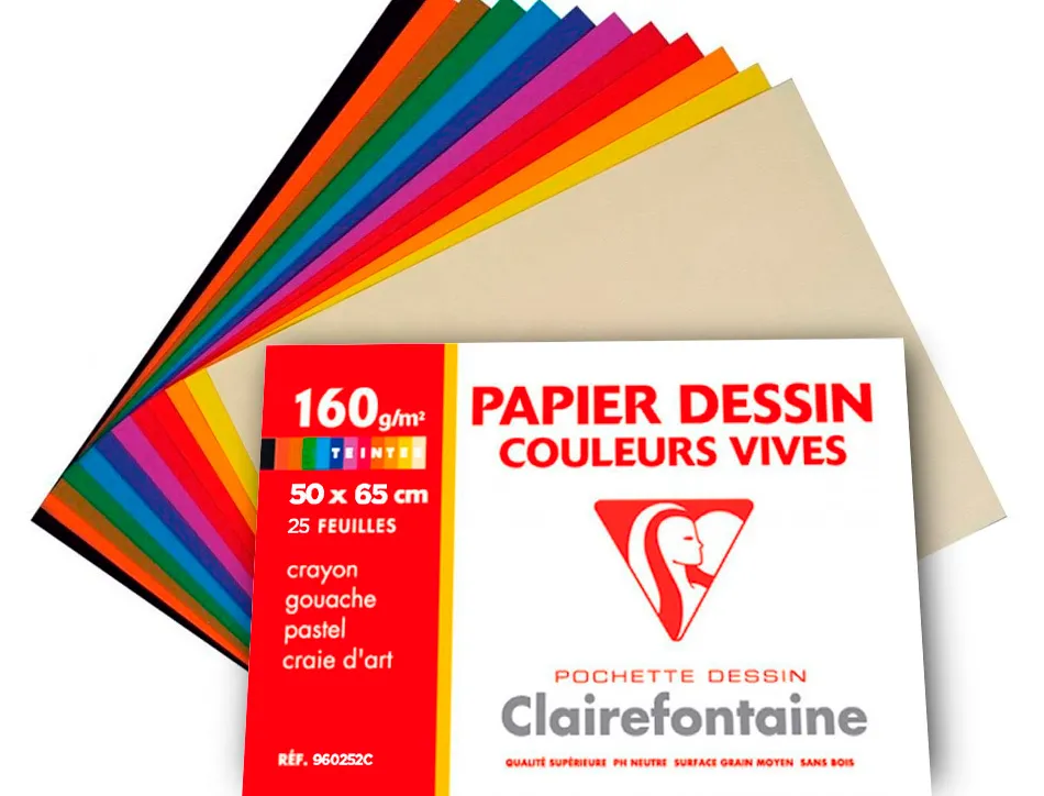 Papier dessin clairefontaine a grain 160g 1 surface grainee 1 lisse 50x65cm paquet 24f coloris vifs 24