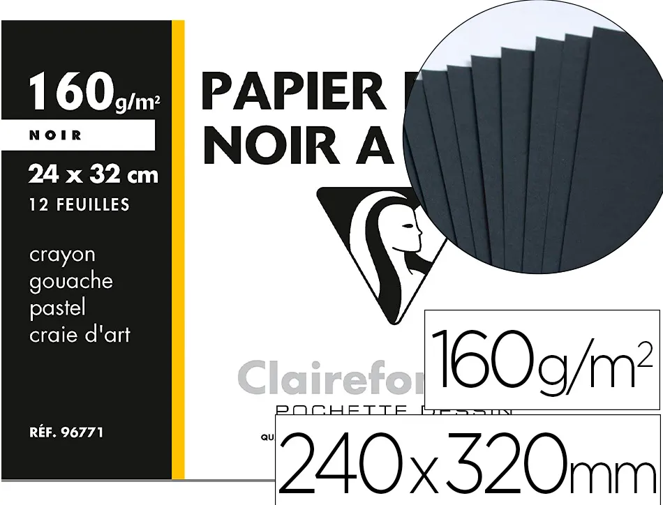 Papier dessin clairefontaine mi-teinte noir grain moyen a4+ 24x32cm crayon gouache pastel craie art pochette 12 feuilles