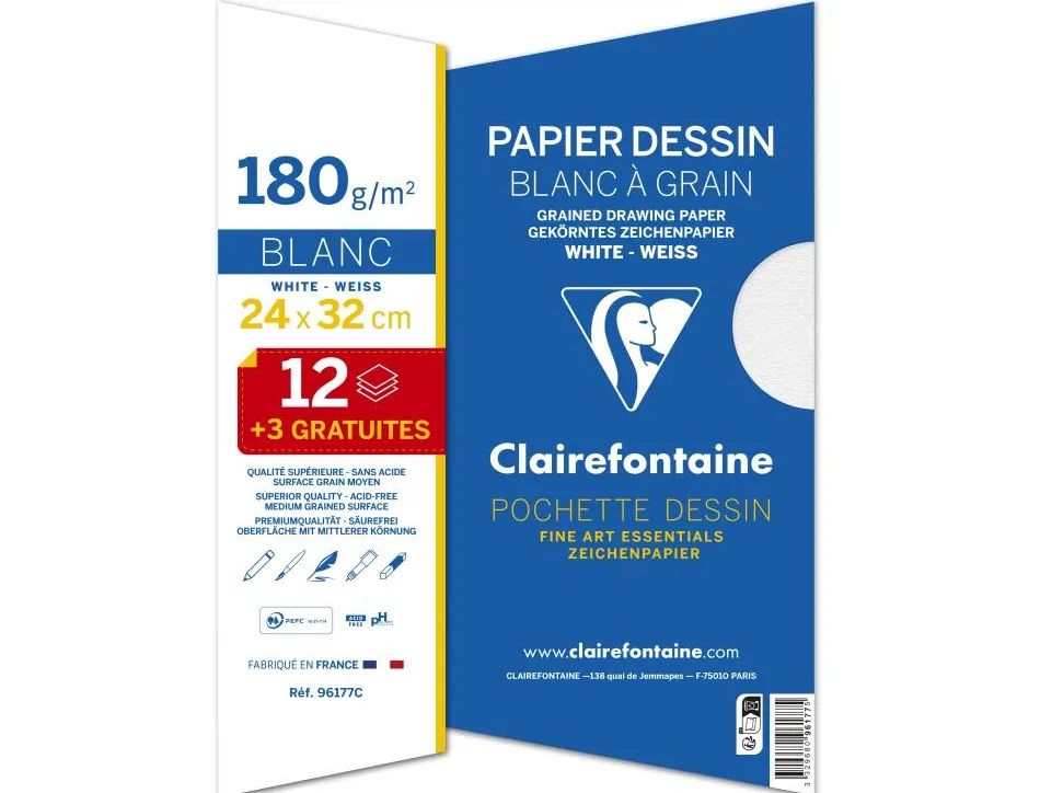 Papier dessin clairefontaine à grain 180g 24x32cm pochette de 15u lot 30 pochettes