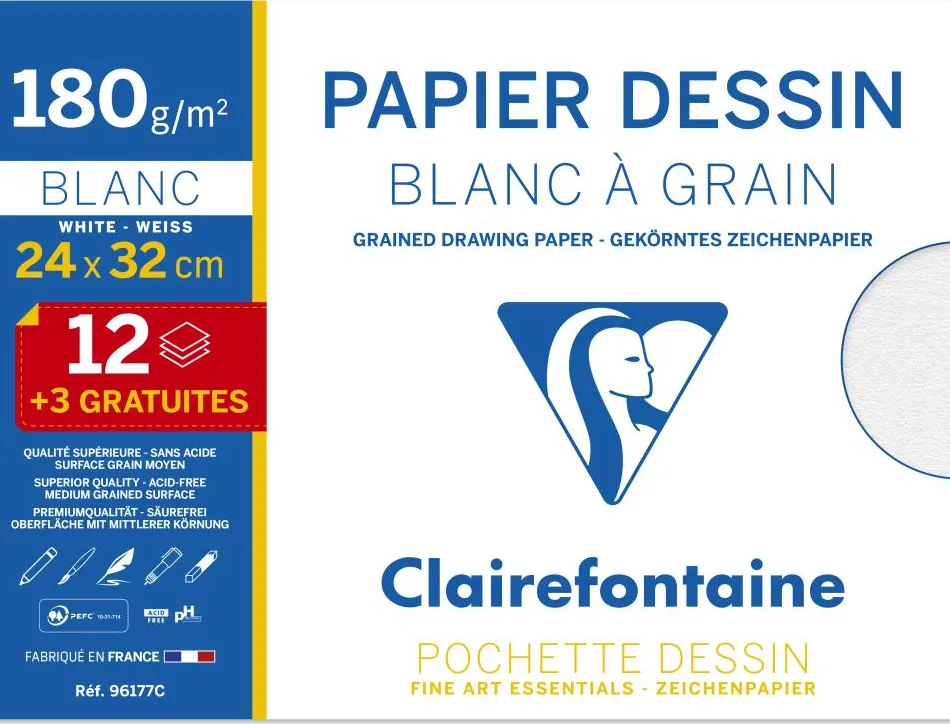 Papier dessin clairefontaine à grain 180g 24x32cm pochette de 15u lot 30 pochettes