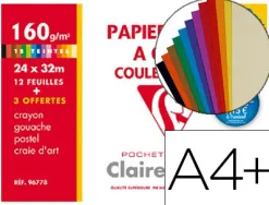 Papier dessin clairefontaine couleur travaux de découpage gouache pastel 160g a4+ coloris vifs pochette 12f