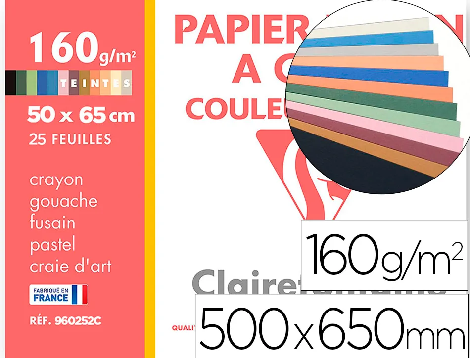 Papier dessin clairefontaine a grain 160g 1 surface grainee 1 lisse 50x65cm paquet 24f coloris pastel 24