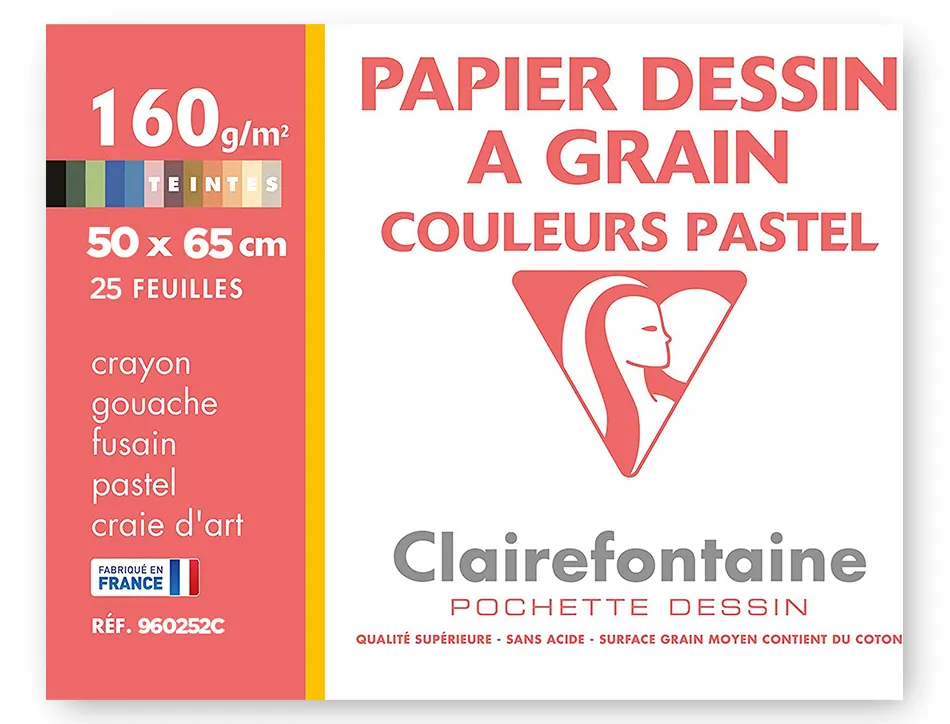 Papier dessin clairefontaine a grain 160g 1 surface grainee 1 lisse 50x65cm paquet 24f coloris pastel 24
