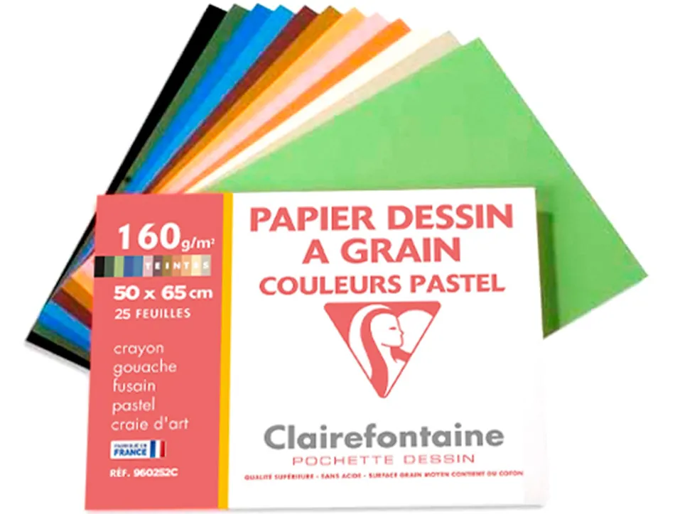Papier dessin clairefontaine a grain 160g 1 surface grainee 1 lisse 50x65cm paquet 24f coloris pastel 24