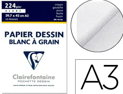 Papier dessin clairefontaine grain léger prononcé sans acide blancheur naturelle 224g a3 pochette 10f