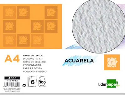 Papier dessin liderpapel aquarelle grain moyen 300g/m2 format a4 210x297mm minipack 6f
