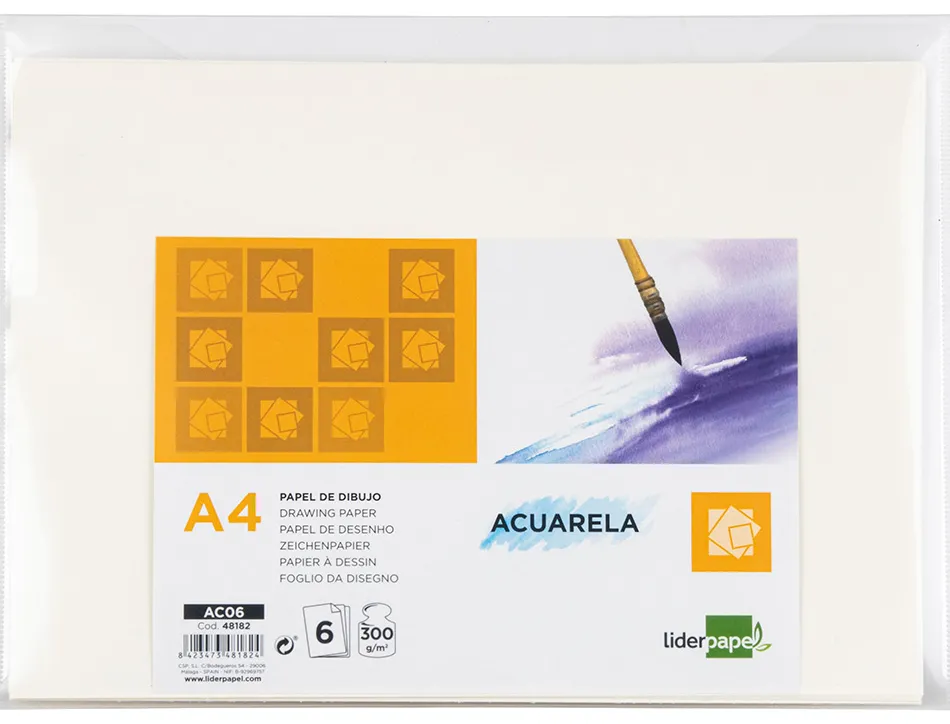 Papier dessin liderpapel aquarelle grain moyen 300g/m2 format a4 210x297mm minipack 6f