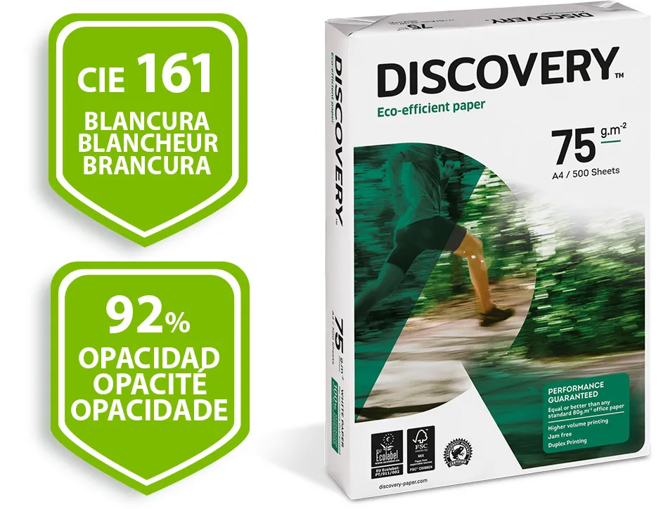 Papier discovery multifonction grand volume sans bourrage a4 75g/m2 blancheur 161 opacité 92 rigidité 100 500 feuilles