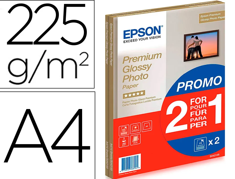 Papier photo epson glossy a4 255g/m2 2 en 1 15 feuilles