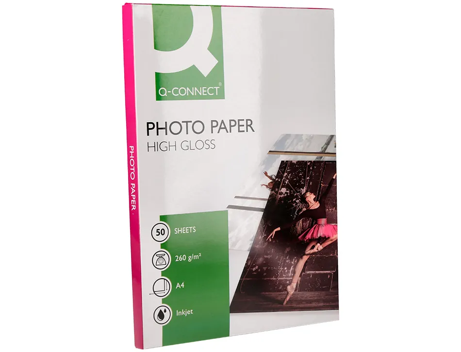 Papier photo q-connect jet d'encre glacé ultra brillant a4 260g compatible toute imprima nte paquet 50 feuilles