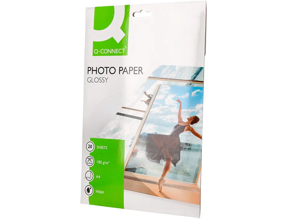 Papier photo q-connect jet d'encre glacé brillant a4 18 0g/m2 compatible toute imprimante paquet 20 feuilles