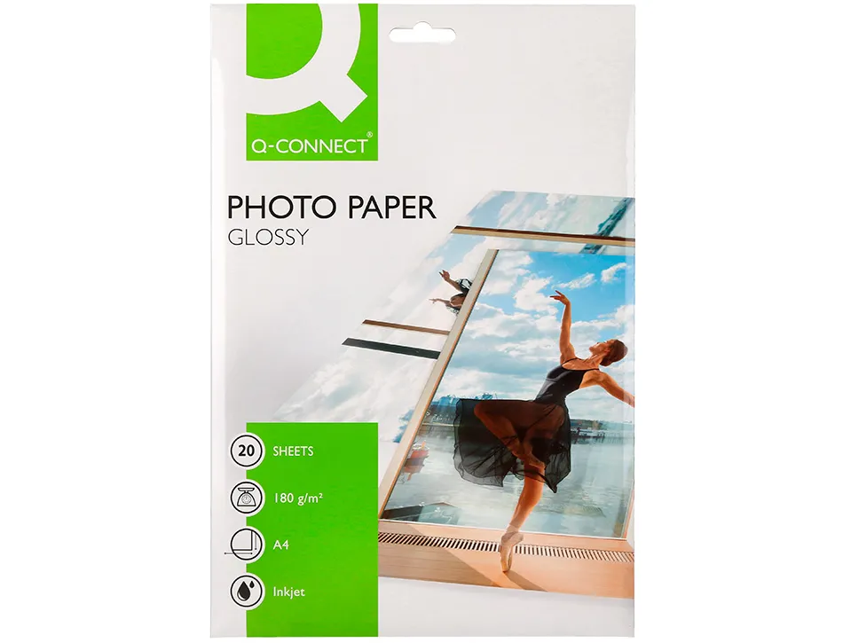 Papier photo q-connect jet d'encre glacé brillant a4 18 0g/m2 compatible toute imprimante paquet 20 feuilles