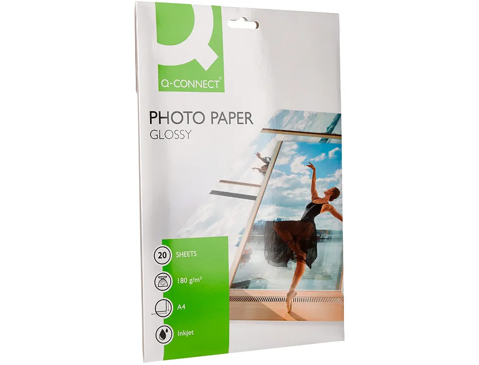 Papier photo q-connect jet d'encre glacé brillant a4 18 0g/m2 compatible toute imprimante paquet 20 feuilles