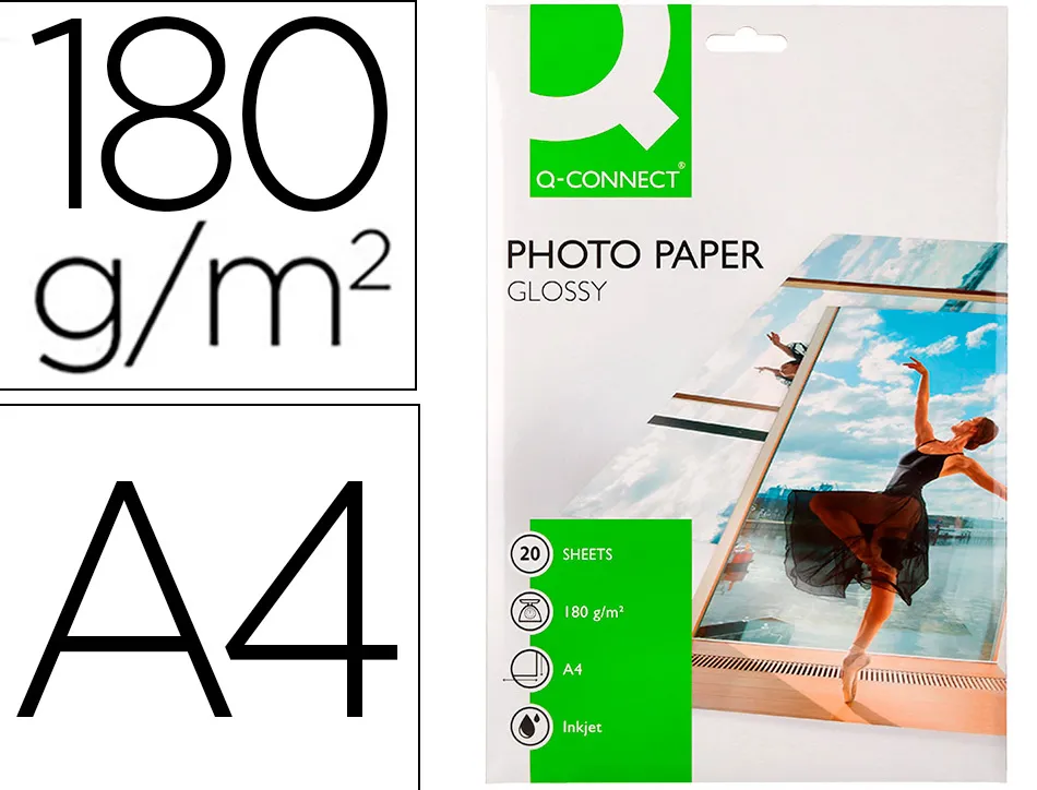 Papier photo q-connect jet d'encre glacé brillant a4 18 0g/m2 compatible toute imprimante paquet 20 feuilles