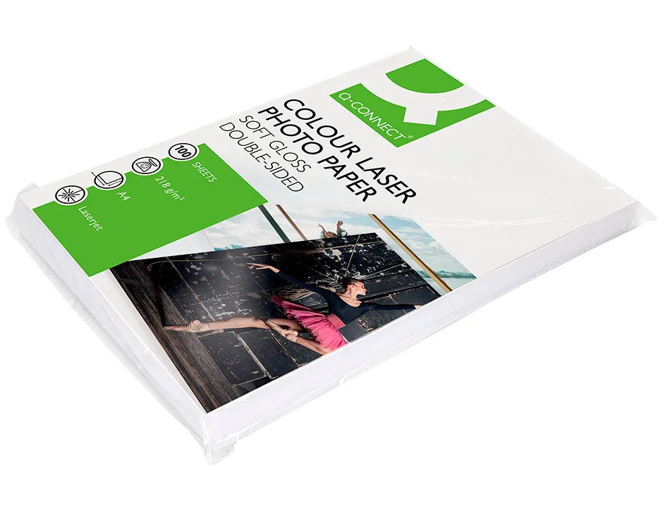 Papier photo q-connect laser semi glacé brillant a4 218g/m2 compatible toutes imprimantes paquet 100 feuilles