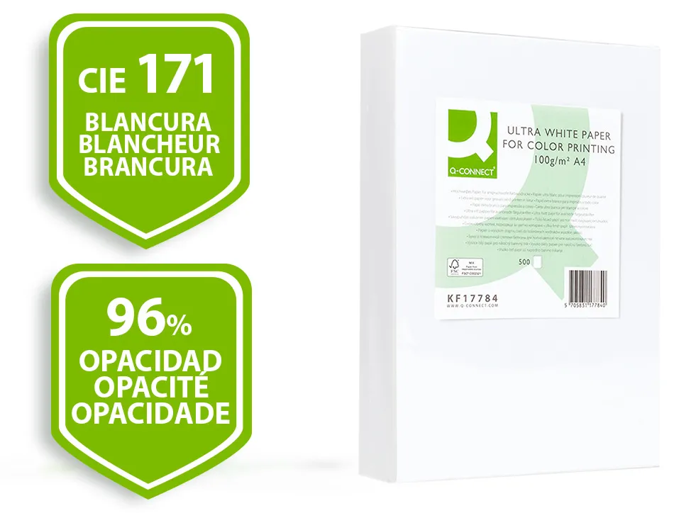 Papier q-connect multifonction ultrawhite a4 100g/m2 blancheur 170 opacité 96 rigidité 60 500 feuilles