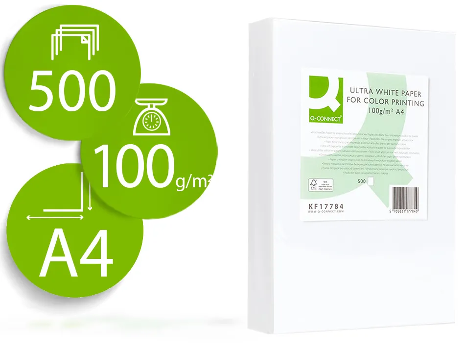 Papier q-connect multifonction ultrawhite a4 100g/m2 blancheur 170 opacité 96 rigidité 60 500 feuilles