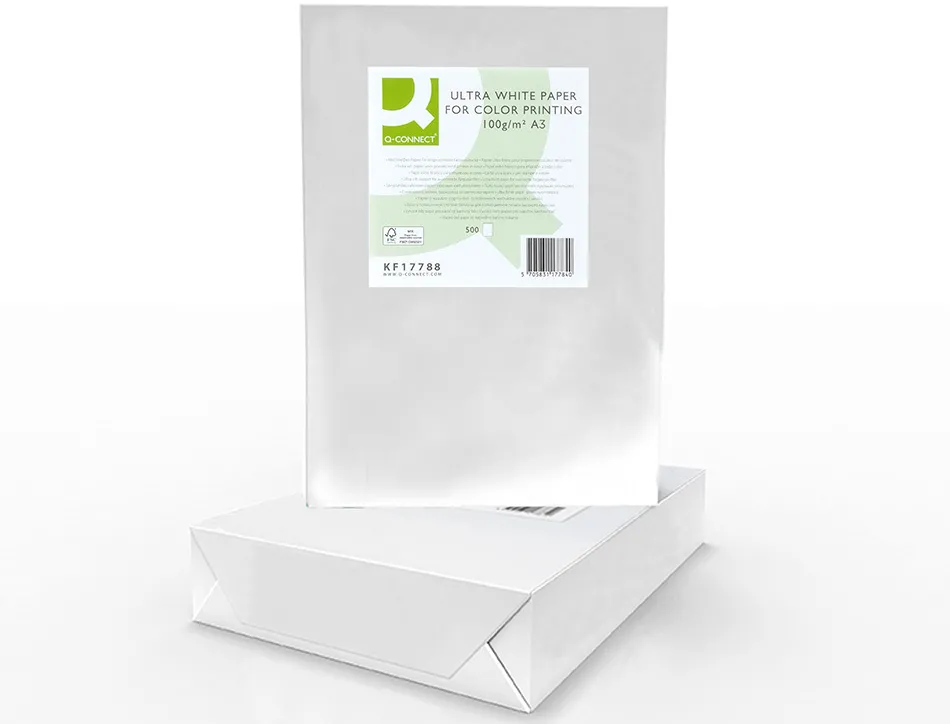 Papier q-connect multifonction ultrawhite a3 100g/m2 blancheur 170 opacité 96 rigidité 60 500 feuilles