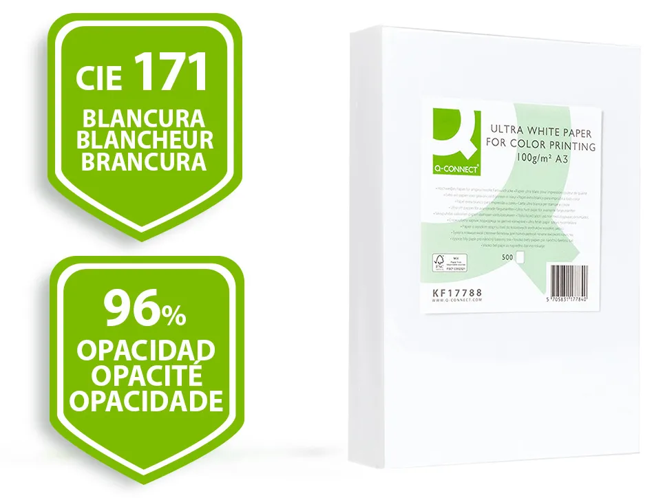 Papier q-connect multifonction ultrawhite a3 100g/m2 blancheur 170 opacité 96 rigidité 60 500 feuilles