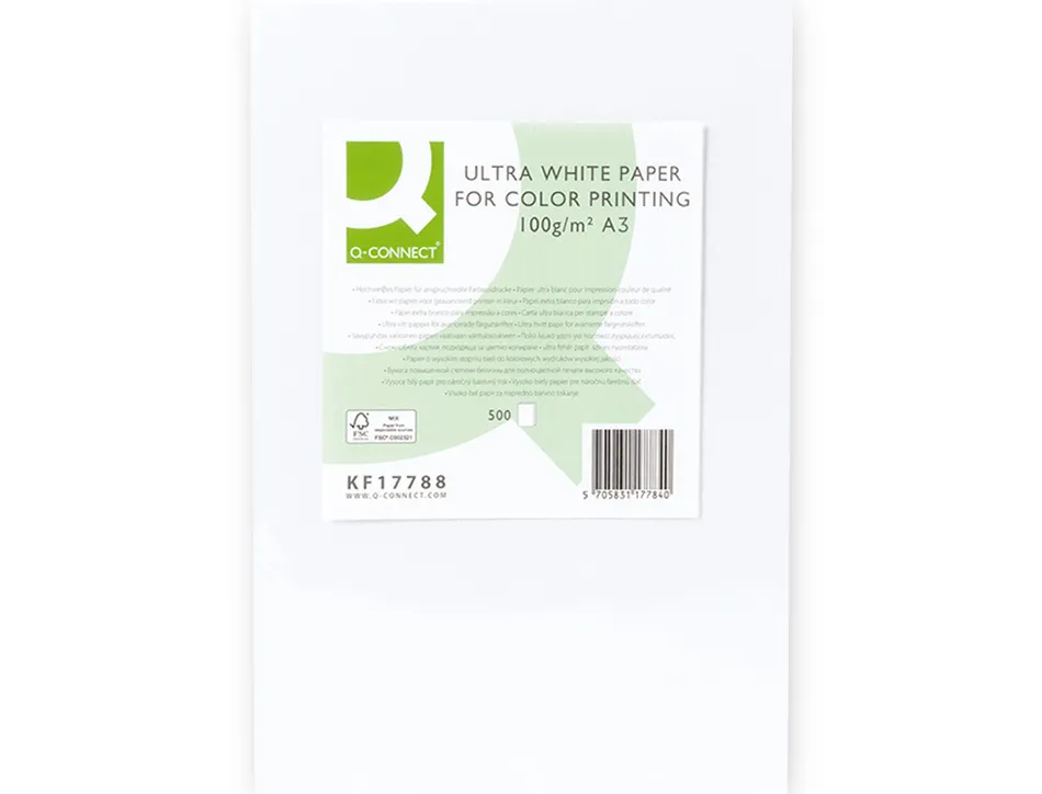Papier q-connect multifonction ultrawhite a3 100g/m2 blancheur 170 opacité 96 rigidité 60 500 feuilles