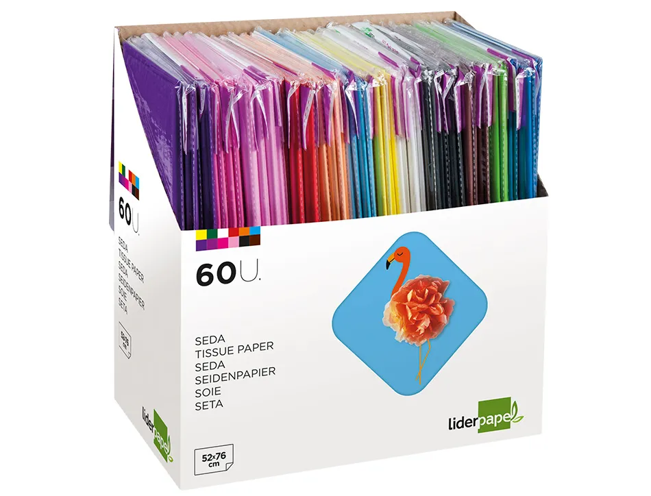 Papier soie liderpapel 52x76cm présentoir 60 sachets 5f 12 coloris assortis