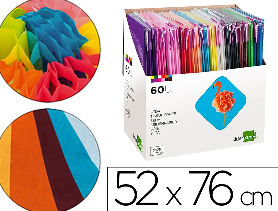 Papier soie liderpapel 52x76cm présentoir 60 sachets 5f 12 coloris assortis