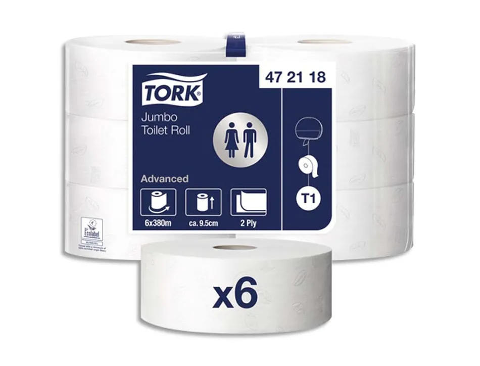 Papier toilette tork jumbo t1 rouleau maxi 360m 9,4cmlarge mandrin 6cm double épaisseur feuille laurier ecolabel pack 6u
